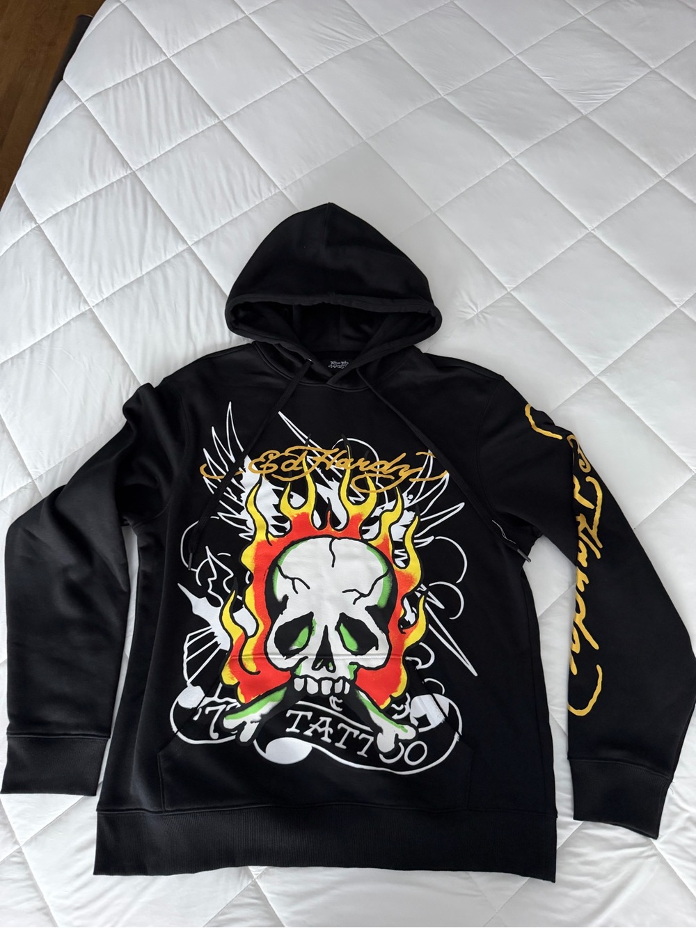Black Graphic Skull Hoodie with Flame Motif - Men